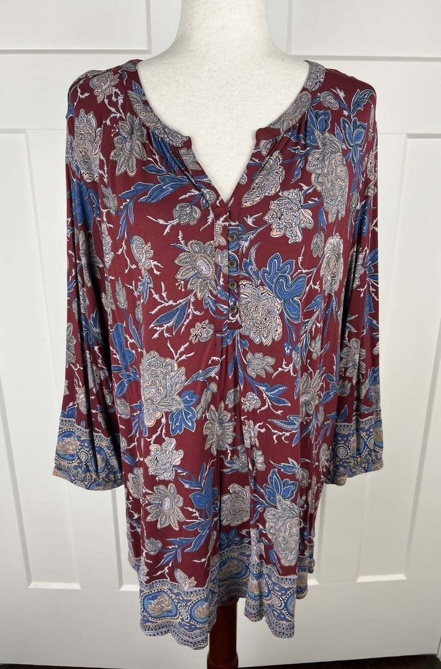 Lucky Brand Tunic Top Womens 2X Plus Burgundy Floral Boho 3/4 Sleeve Henley